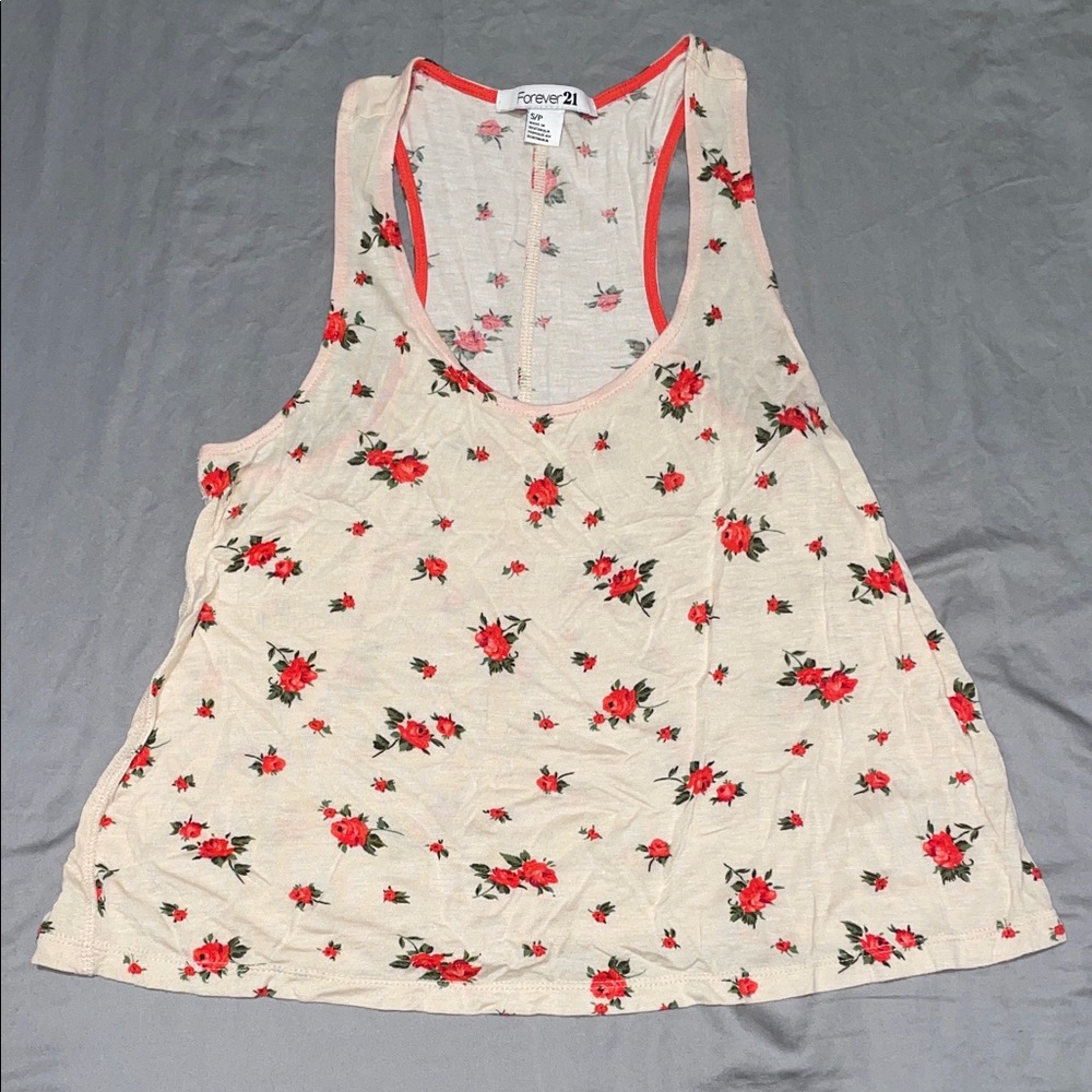 Forever 21 Cream Tank Top with Red Floral Design